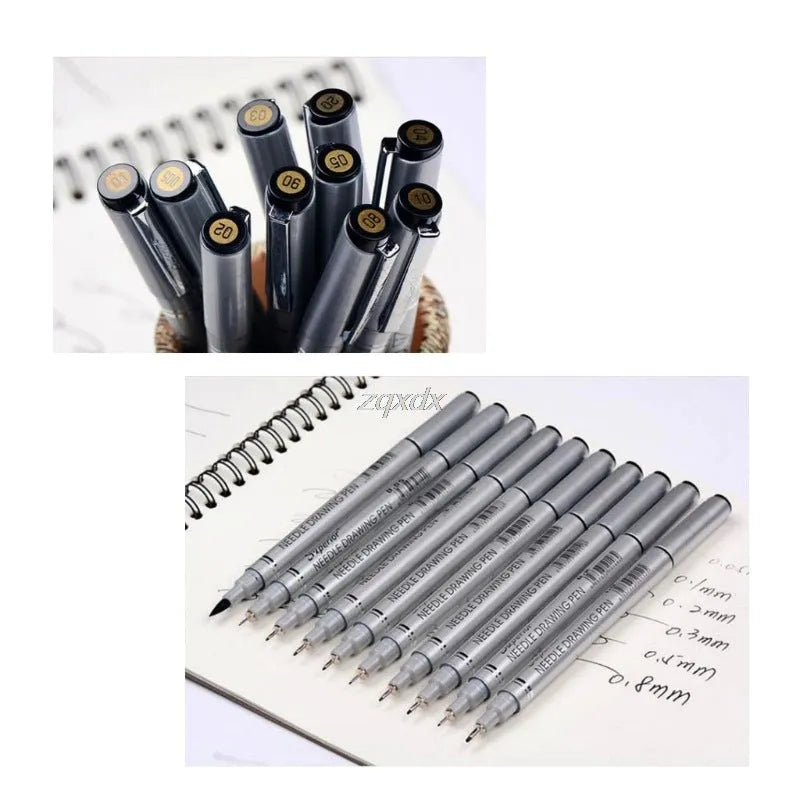 Set of 10 black fine liner drawing pens with tip sizes from 0.05mm to 2.0mm on white background