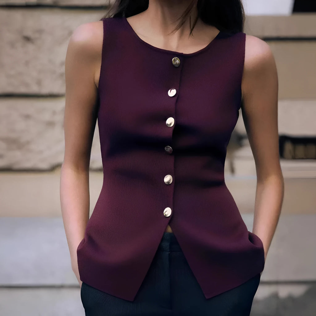 Dark red slim fit women's sleeveless sweater vest with 3D pattern detail and cardigan open front