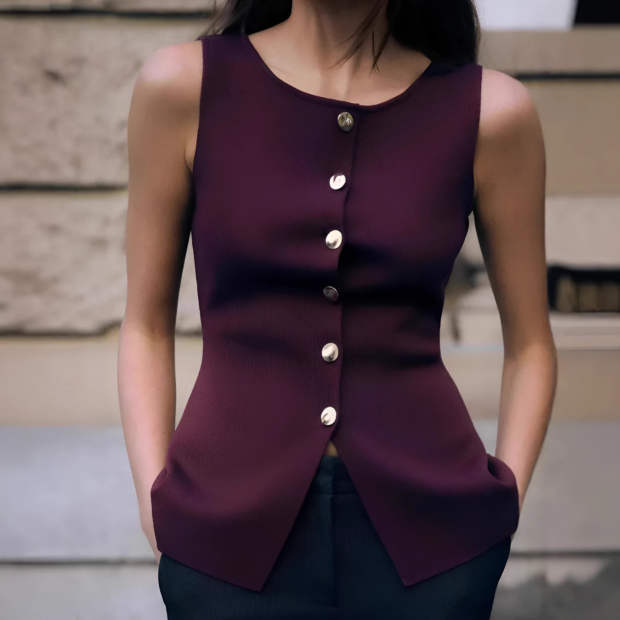 Dark red slim fit women's sleeveless sweater vest with 3D pattern detail and cardigan open front