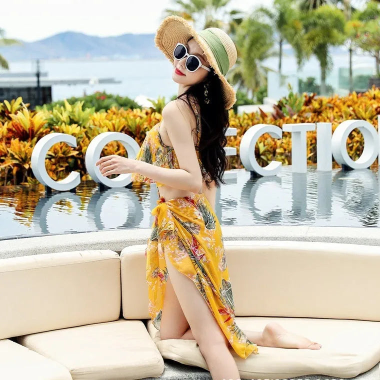 New Women Push Up One Piece Triangle Belt Large Veils Couple Swimwear Nylon Polyester Swimsuits for Beach and Pool in Pink Floral or Yellow Flower