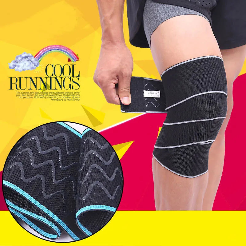 Aolikes orange lifting knee wrap with velcro, stretched to show 5.25 feet length for squat support