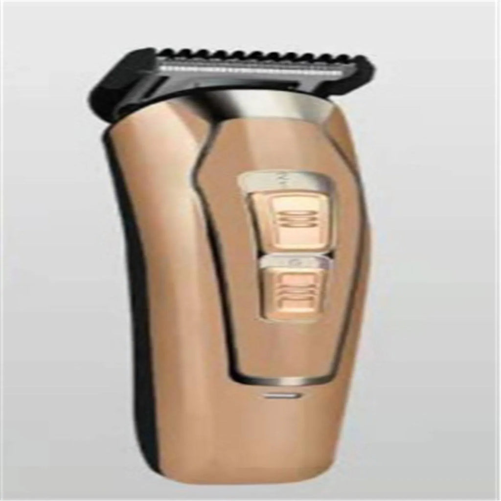 Dark blue and coffee brown rechargeable electric hair clipper on a white background