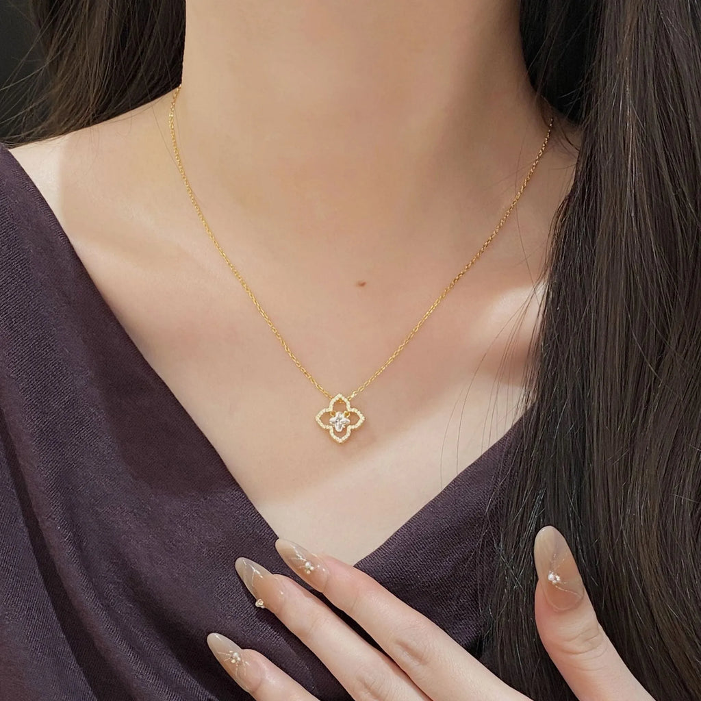 925 silver curb chain necklace with zirconium flower pendant in white gold colour, electroplated finish
