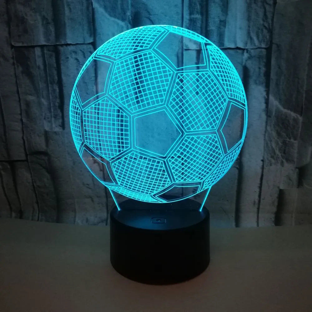 Football 3D night light showing colourful projection with touch controls and USB cable