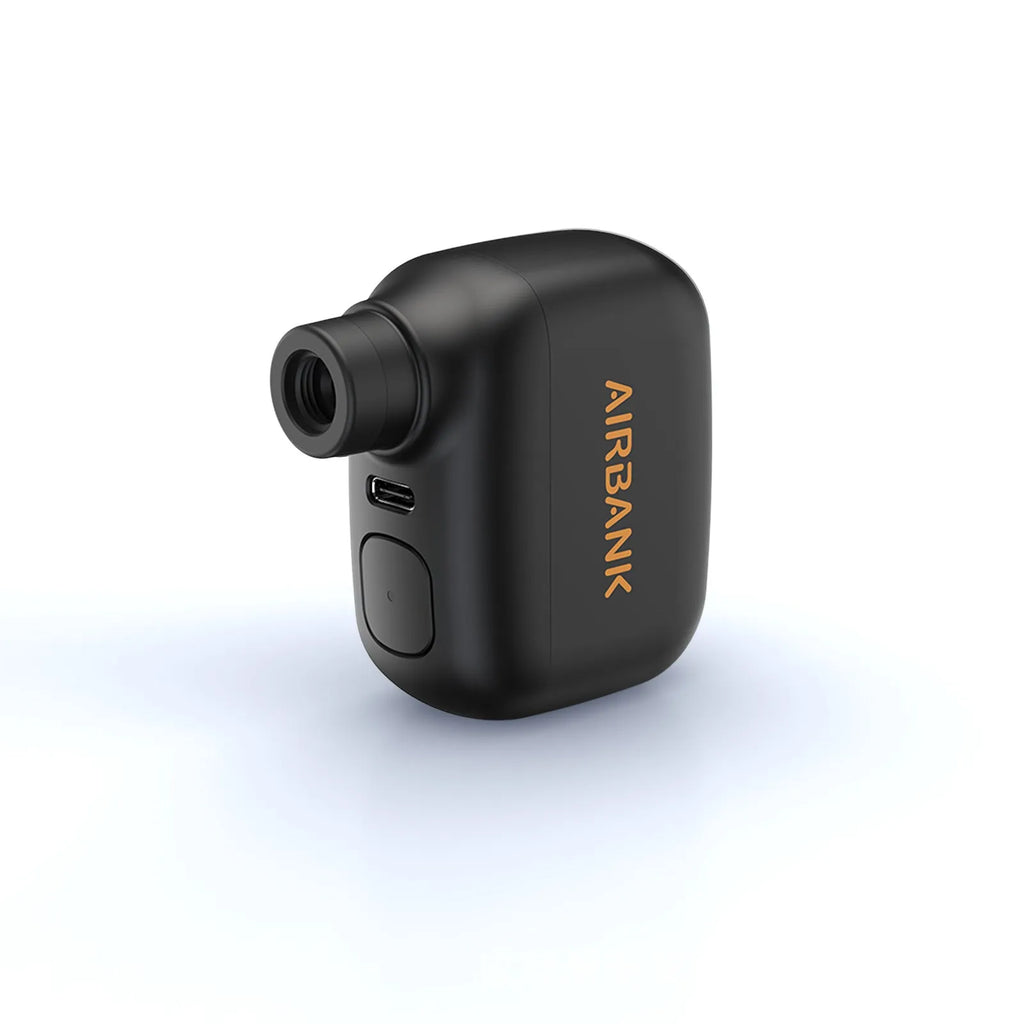 Black AS100 mini electric bike pump with USB charging cable and waterproof storage bag