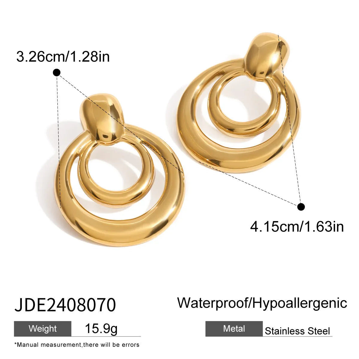 Golden round double-layer hollow stud earrings with geometric design and 18K gold plating