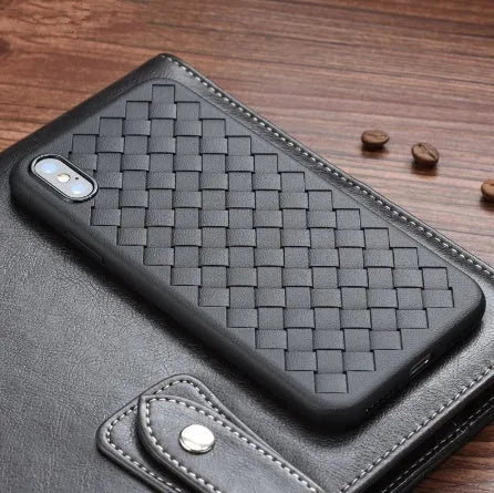Luxury grid weaving pattern iPhone case in colour options, showing raised screen edges and precise button cutouts.