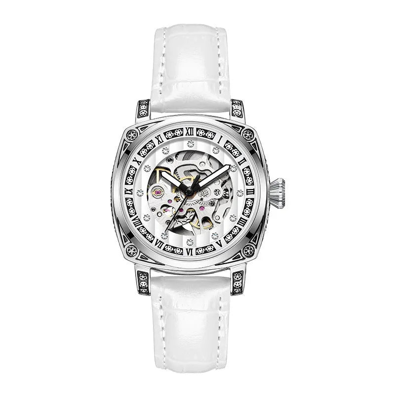 Men's mechanical wristwatch with a leather strap and luminous hands on a dial, shown in one of four colour options.