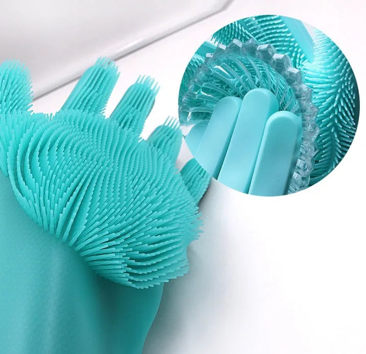 Silicone cleaning gloves with textured scrubbing surface in assorted colours