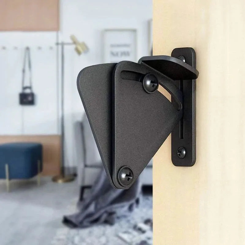 Black stainless steel sliding barn door lock showing two size options for different gap measurements