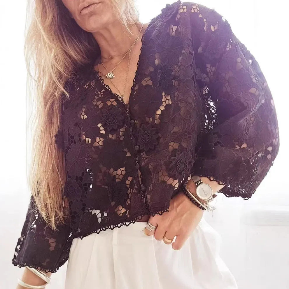 Black lace cardigan with three-dimensional flower decoration and V-neck design