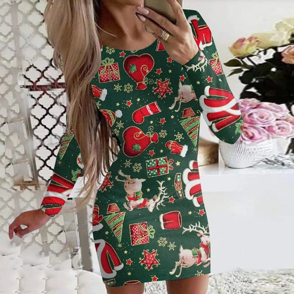 Christmas animal print narrow dress with hip skirt and long sleeves in floral colour options