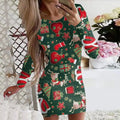 Christmas animal print narrow dress with hip skirt and long sleeves in floral colour options