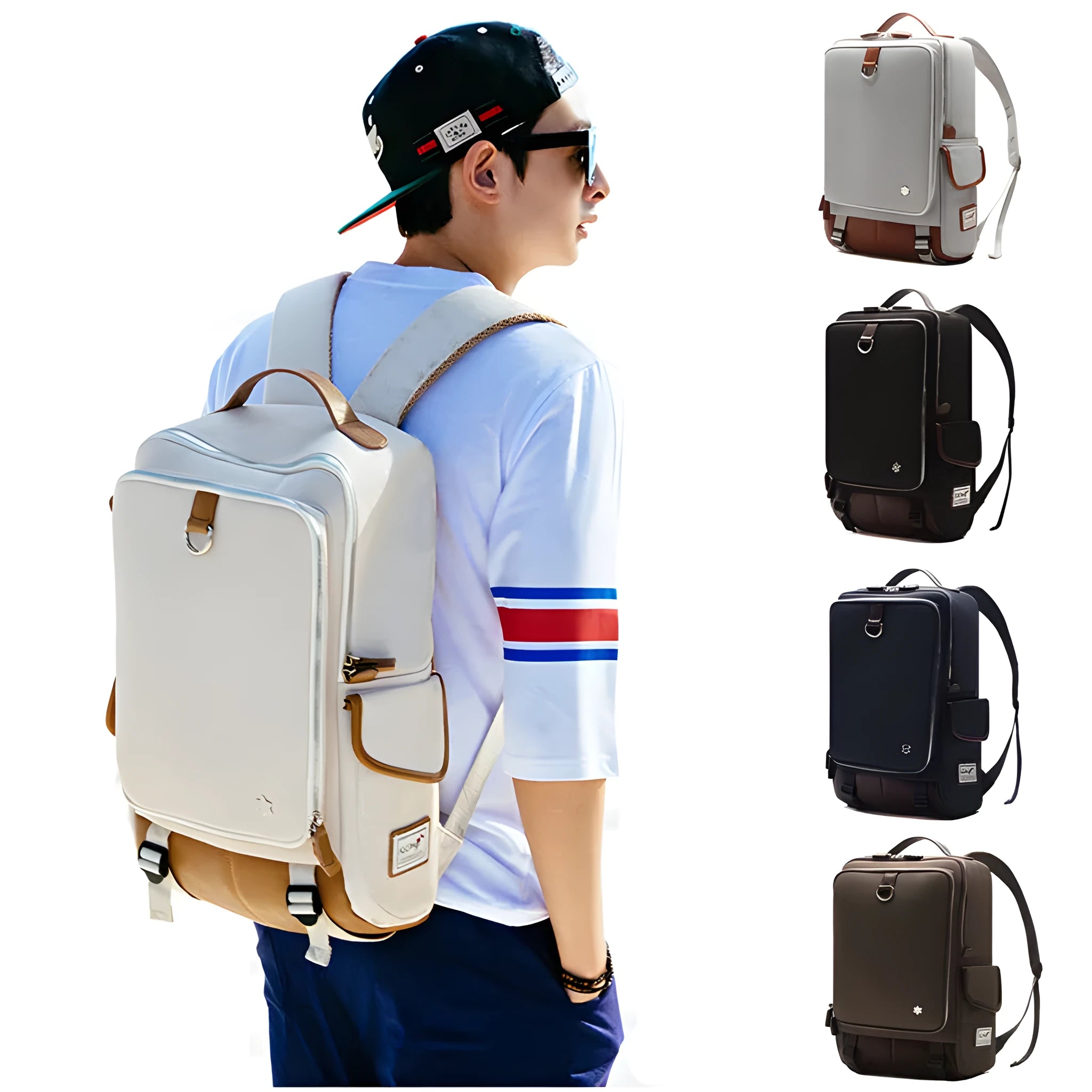 Korean style Oxford cloth men's backpack in seven colour options showing 30cm width by 16cm depth by 46cm height dimensions