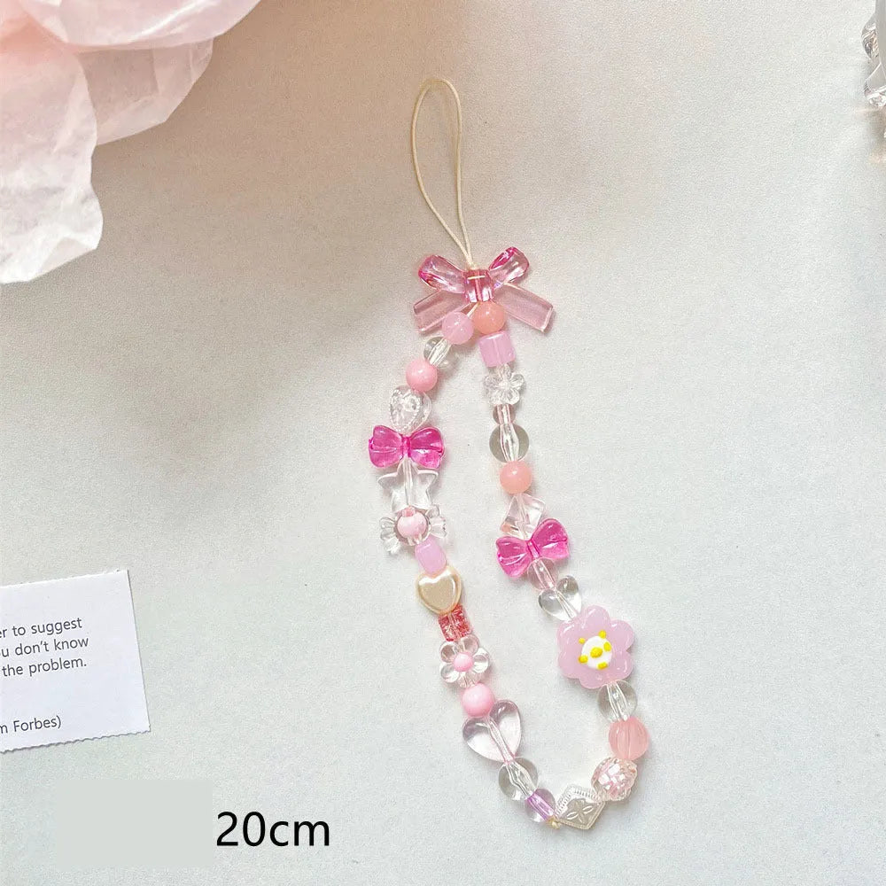 Colourful beaded flower mobile phone lanyard with plastic and resin construction