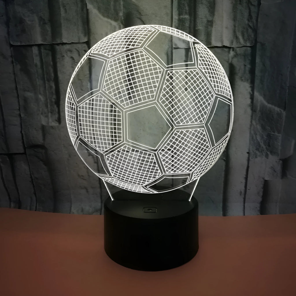 Football 3D night light showing colourful projection with touch controls and USB cable