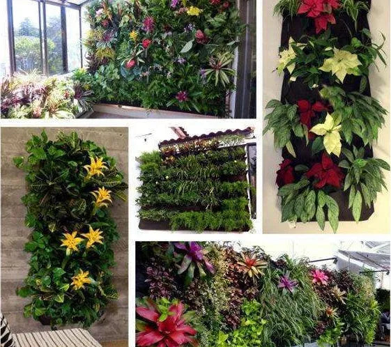 Vertical felt wall garden planter with 18 planting pockets hanging on outdoor wall