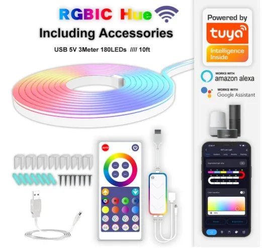 3 metre long RGB neon light strip with remote control and USB power cable