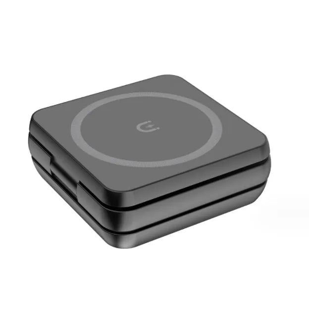 Foldable three-in-one wireless charging bracket for Apple, Samsung phones, and Google Pixel Watch on a desk.