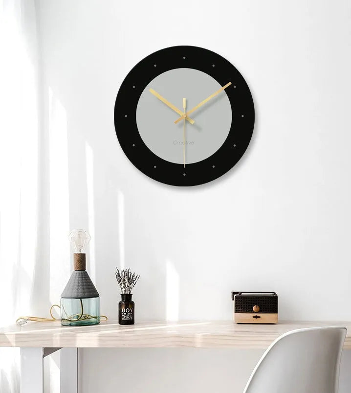 Minimalist transparent tempered glass wall clock, 29.5cm diameter, with silent movement on a white wall.