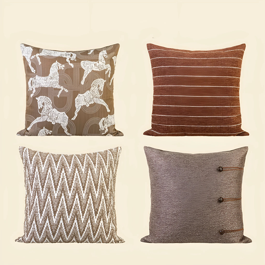 Chinese ancient style square sofa cushion with geometric pattern in brown Maillard colours, 45cm.
