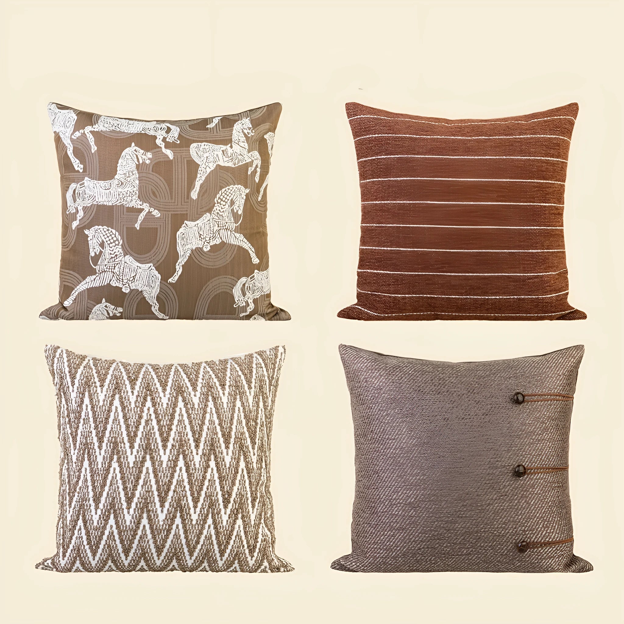 Chinese ancient style square sofa cushion with geometric pattern in brown Maillard colours, 45cm.