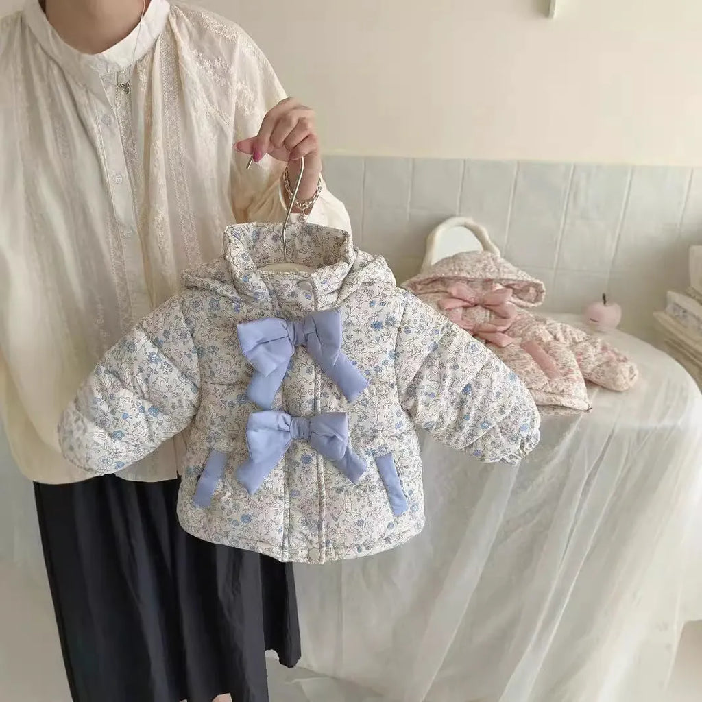 Baby girl floral print hooded winter jacket with bow in blue and white porcelain blue colour