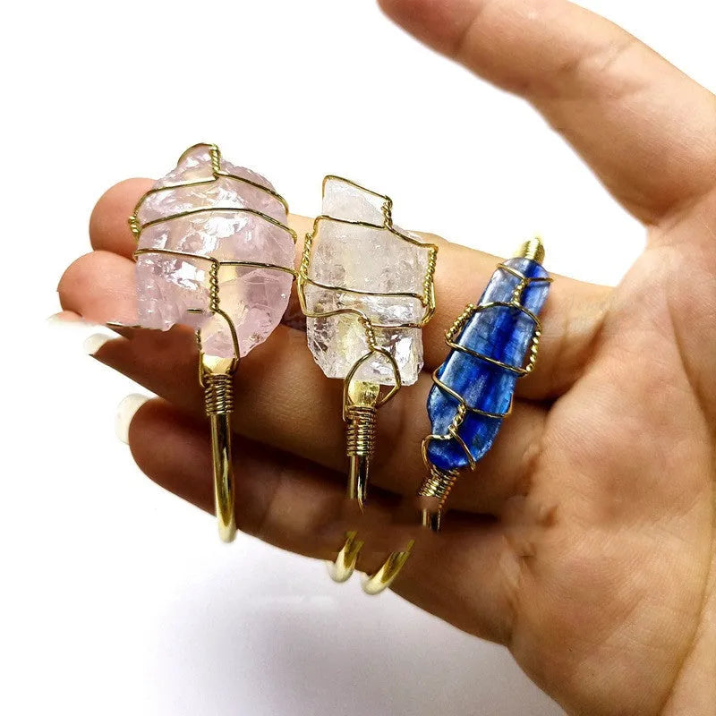 Unshaped natural crystal bracelet with gold winding wire geometric design