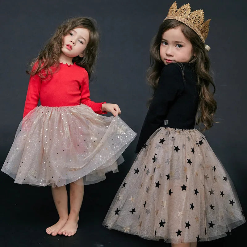 Children's long sleeve cotton Christmas princess dress in red with lace and bow details