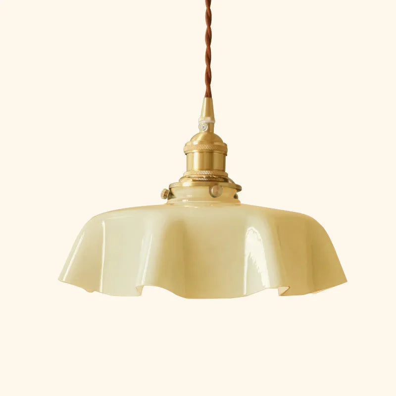 Medieval brass flower bud chandelier with adjustable height and coloured glass body
