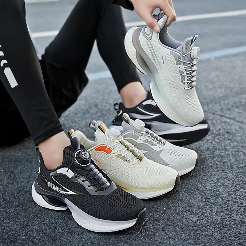 Low-top running shoes with rotating buckle closure in fly-knit mesh construction