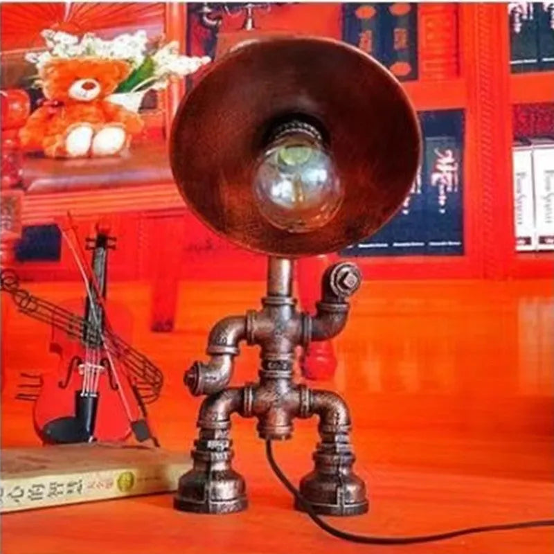 Industrial retro table lamp with iron pipe robot water pipe design and vintage metal lamp holder