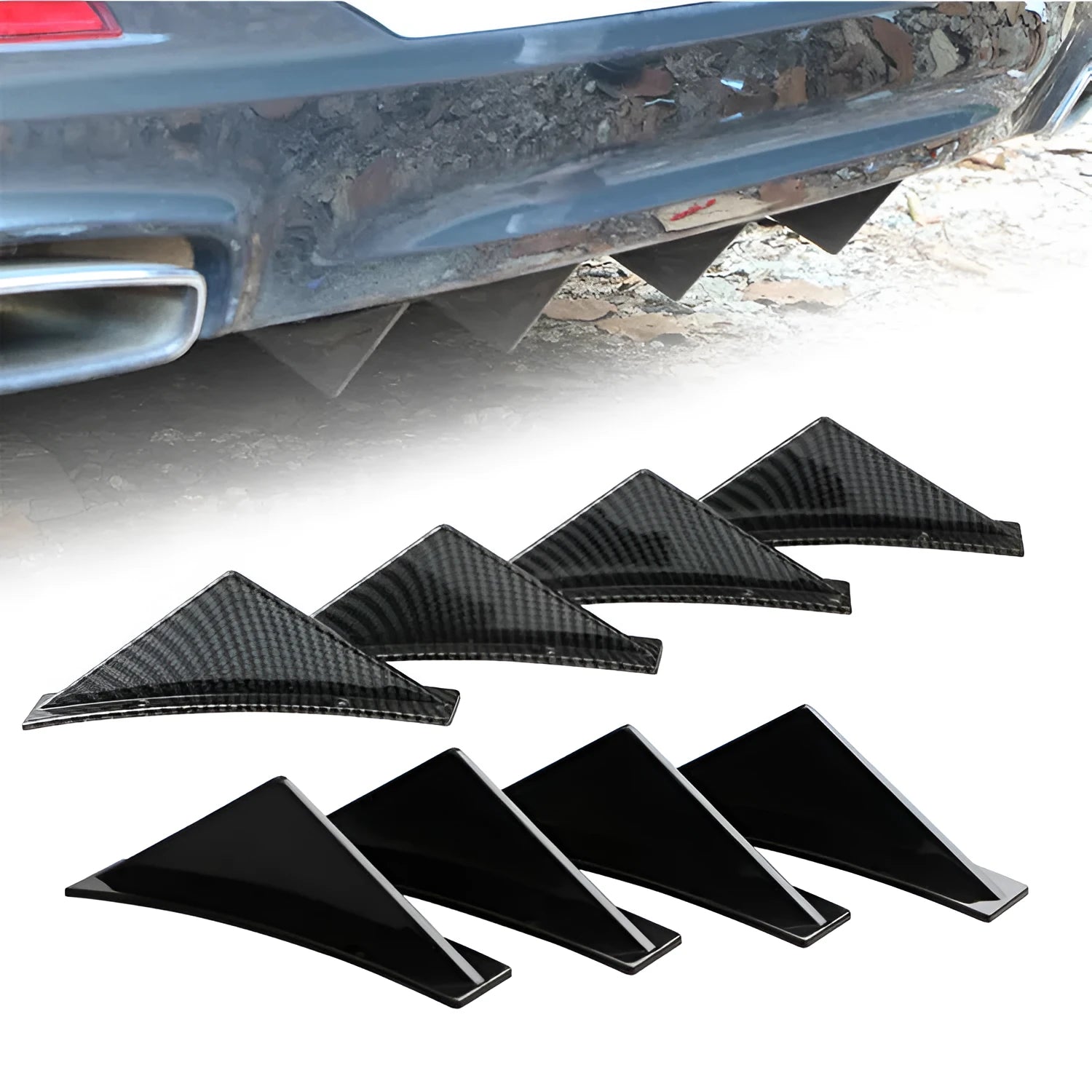 Universal triangle rear spoiler in ABS plastic, bright black finish, 150mm length, pack of 4