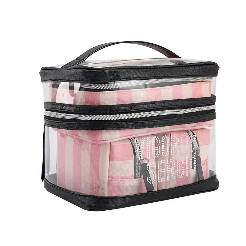 Pink bold stripes buggy makeup bag with floral pattern and European-American retro style