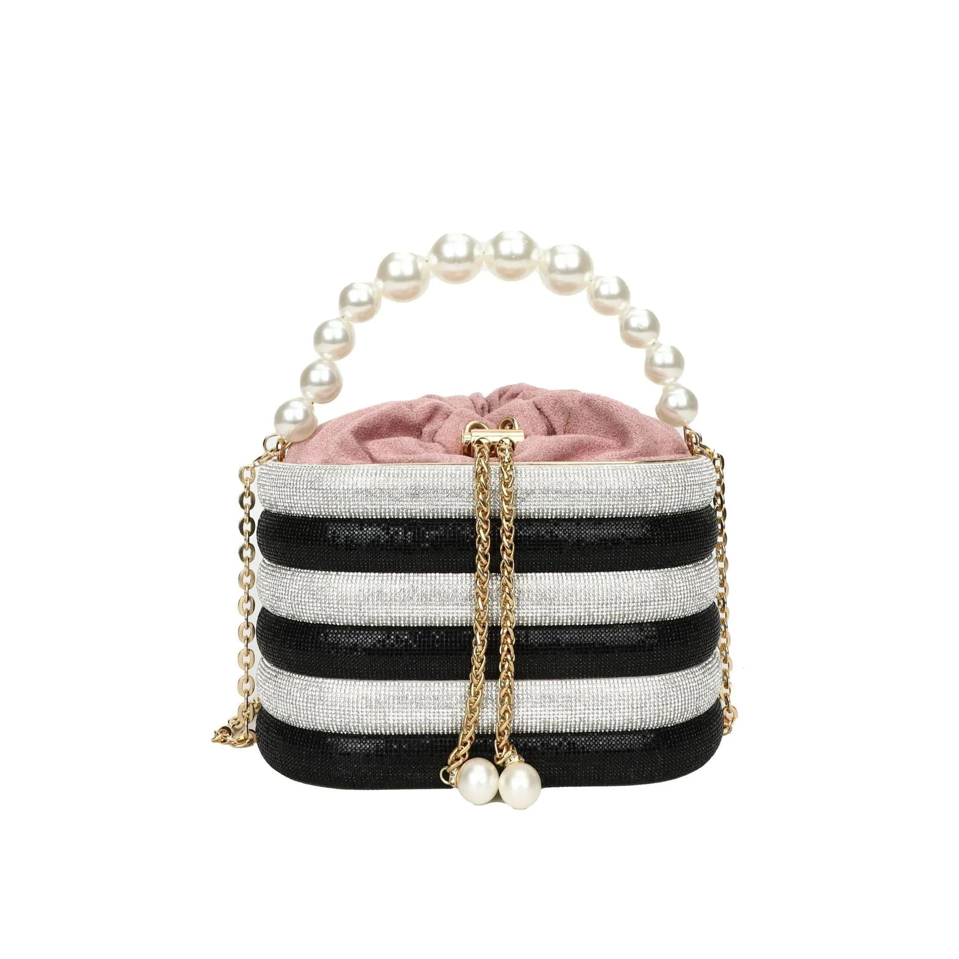 Round women's crossbody bag in PU leather with pearl bead decoration and single shoulder strap