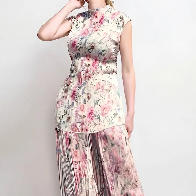 Long sleeve printed chiffon dress with high waist and matching top, shown in picture colour.