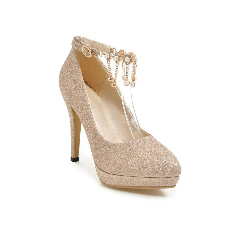 Women's blue platform stiletto heel with special fabric upper on a white background.