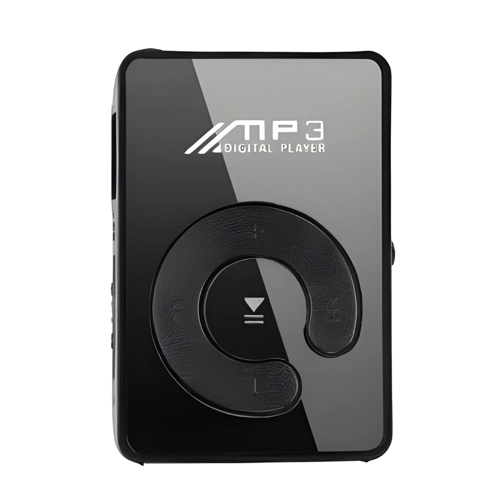 Black plastic clip MP3 player with TF card slot and mini USB port on a plain background