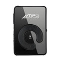 Black plastic clip MP3 player with TF card slot and mini USB port on a plain background