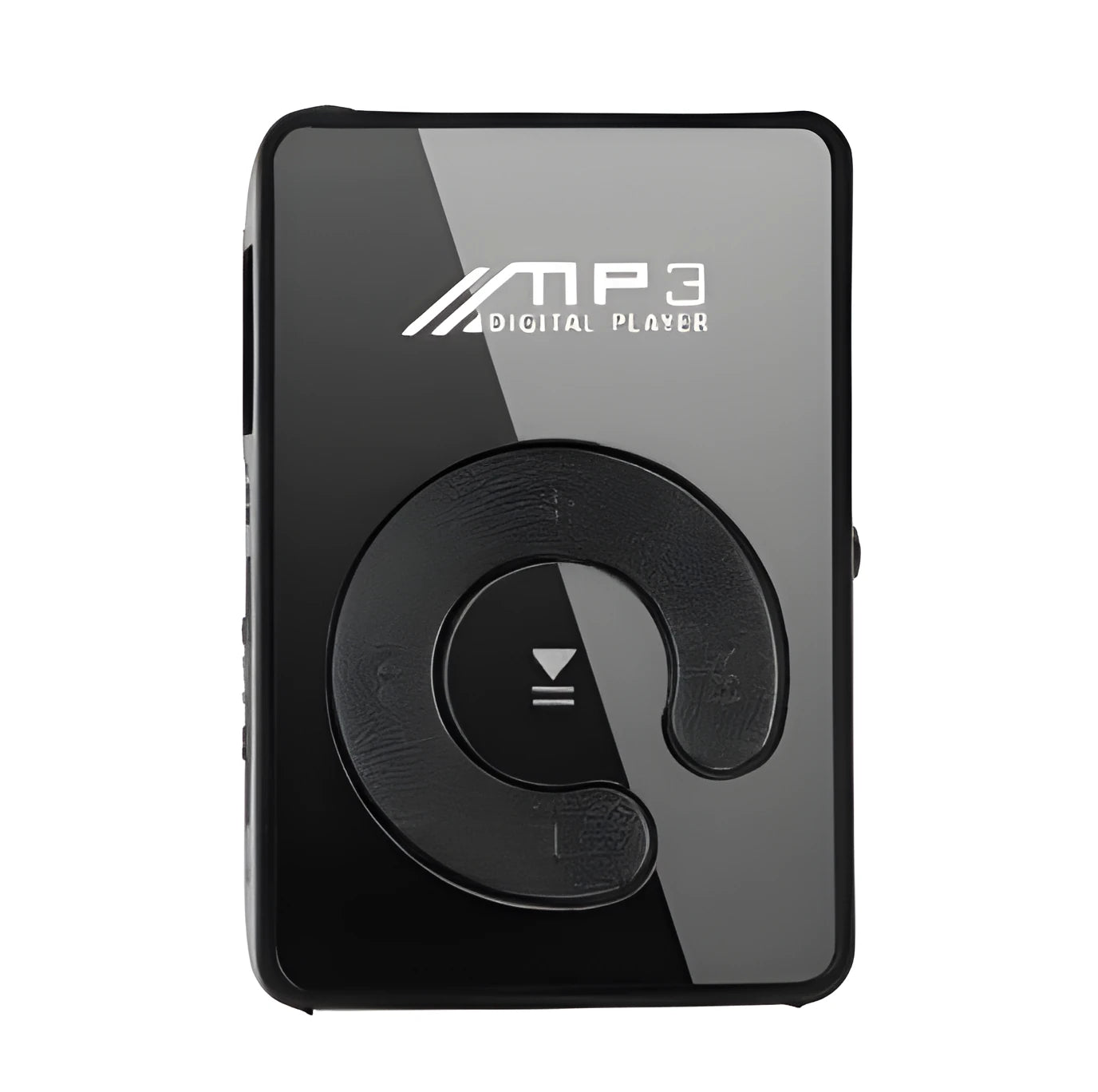 Black plastic clip MP3 player with TF card slot and mini USB port on a plain background