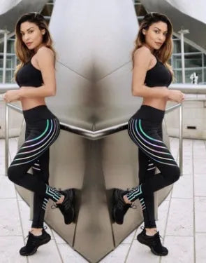 Women's black workout leggings with night glowing print and high-waist design
