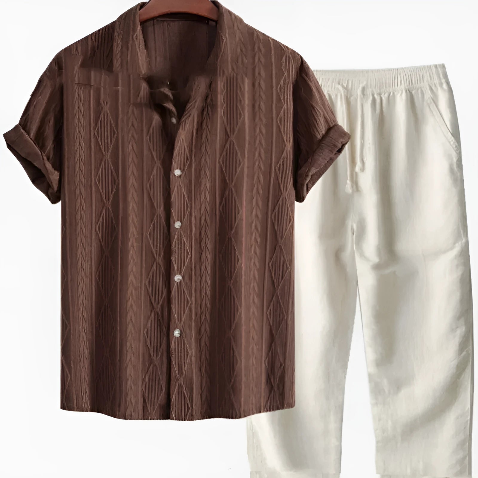 Men's loose fit milk silk summer suit set showing short sleeve shirt and trousers in a casual colour.