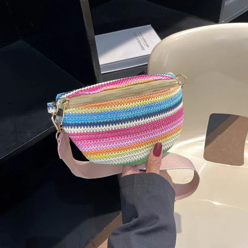 Blue woven straw beach bag with shell shape and single shoulder strap