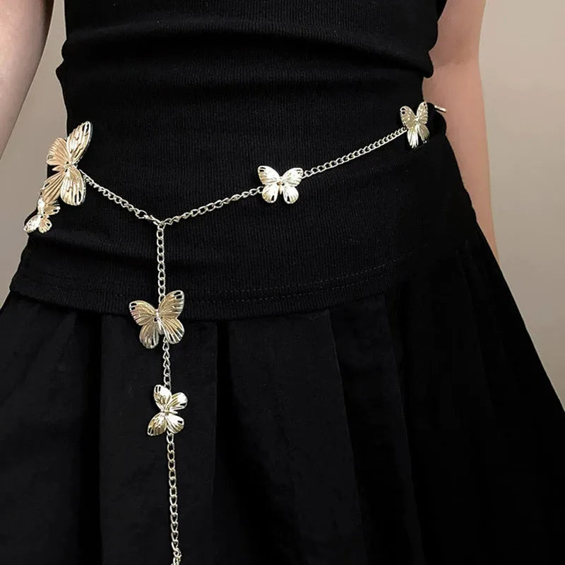 Golden butterfly waist chain belt with alloy construction showing 104cm length measurement