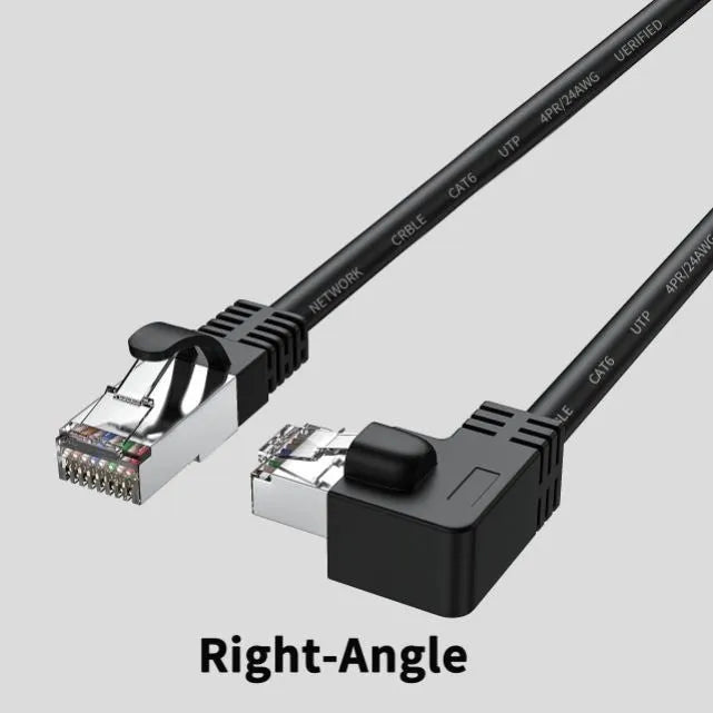Right-angled Cat6 Ethernet cable with metal connector in various colours including black, red, and yellow.