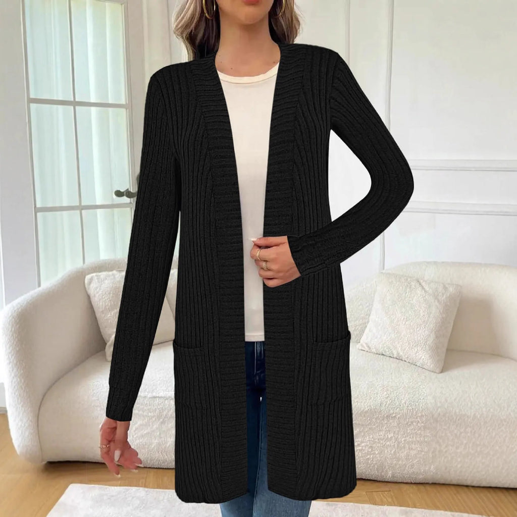 Loose fitting long sleeve knitted cardigan jacket with pockets in black, wine red and grey colours