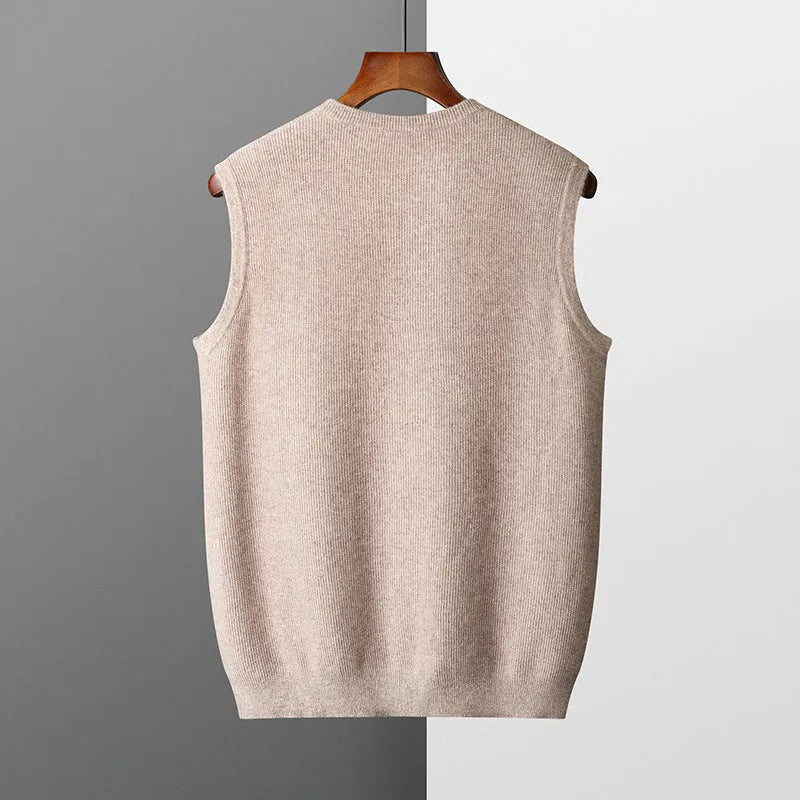 Men's round neck jacquard pullover knitted vest in solid colour, sleeveless for autumn