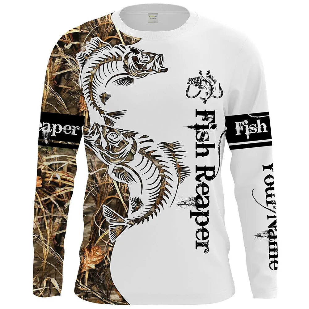 Men's grey pullover top with a colourful fish print design on the long sleeves.