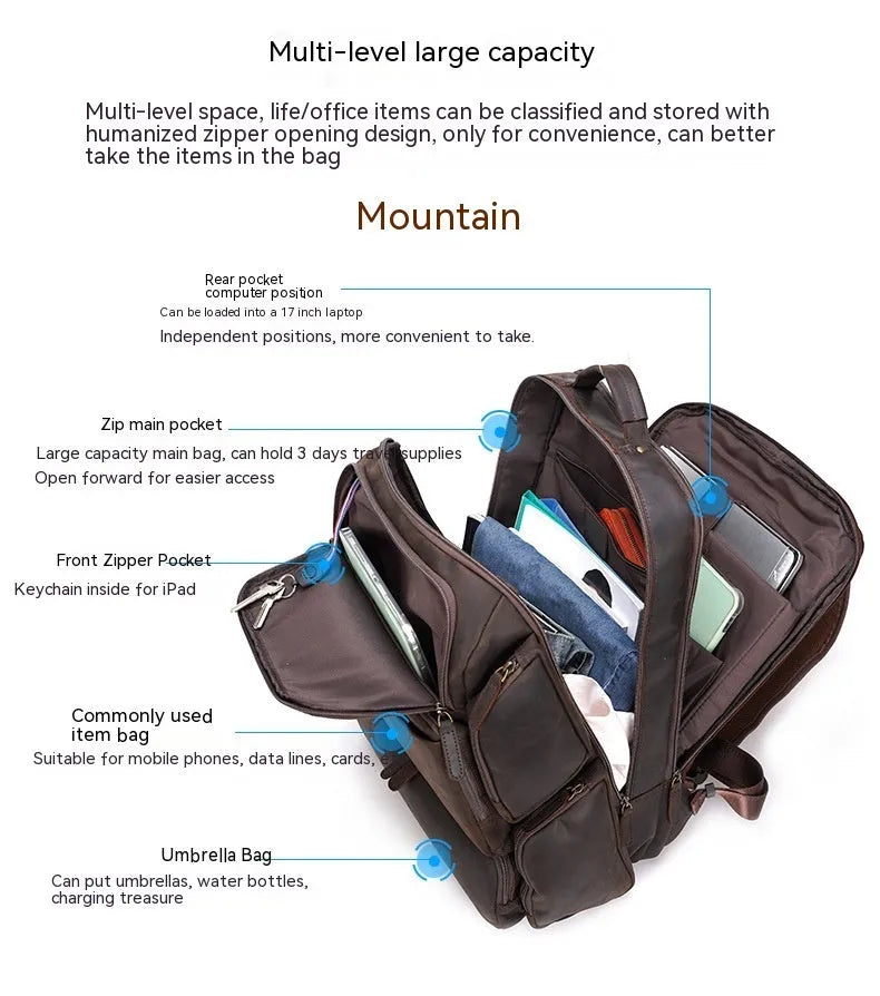 Dark brown genuine cowhide leather backpack with 17-inch laptop compartment and multiple internal organisers