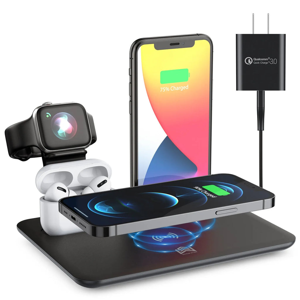 Black and white desktop wireless charging station for phone, watch, and headphones